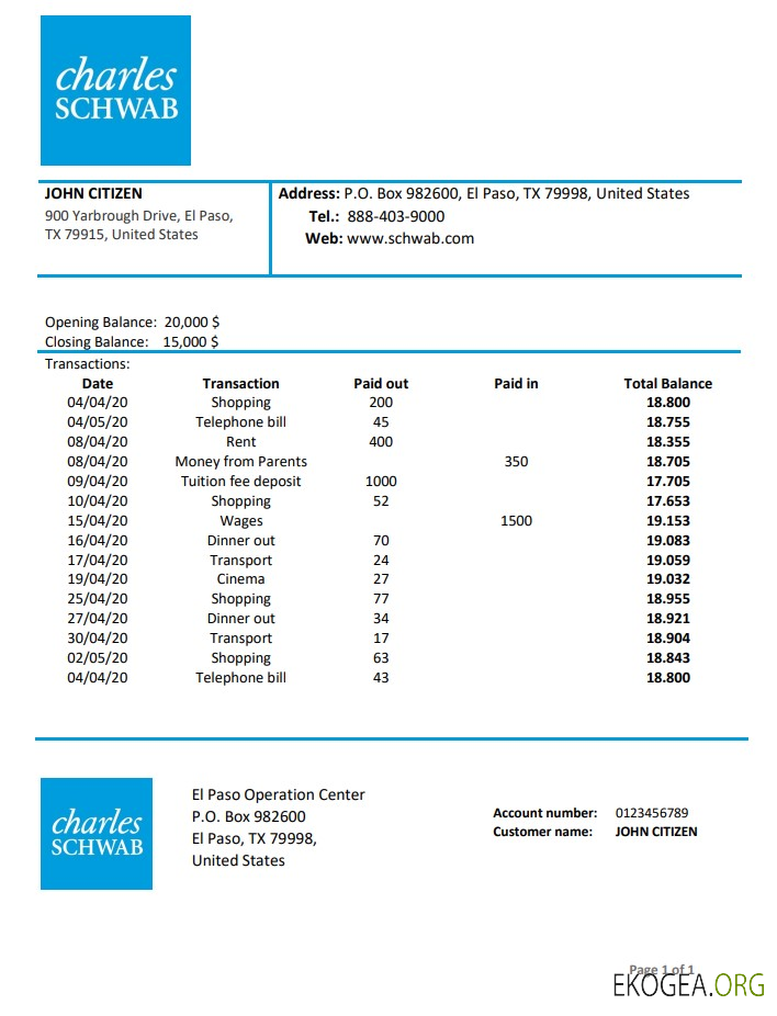USA Charles Schwab & Co modèle de relevé de preuve d'adresse bancaire au format Word et PDF